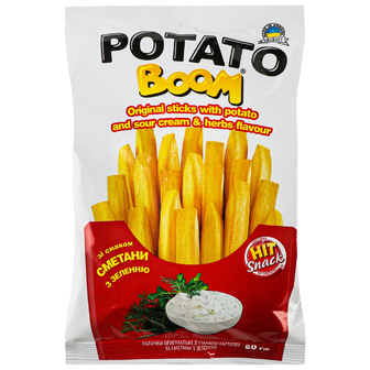 Палички Hit snack potato boom смак картоплі та сметани з зеленню 50г