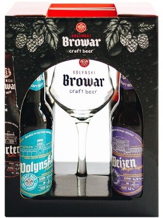 Пиво Волинський Бровар / Volynski Browar, 4 * 0.35л, в подарунковій коробці + 1 бокал