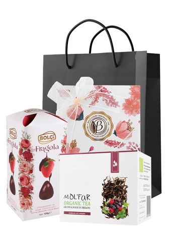 Набір Чай Mol'far з цукерками Flower Boutique та полуницею в чорному шоколаді Bolci