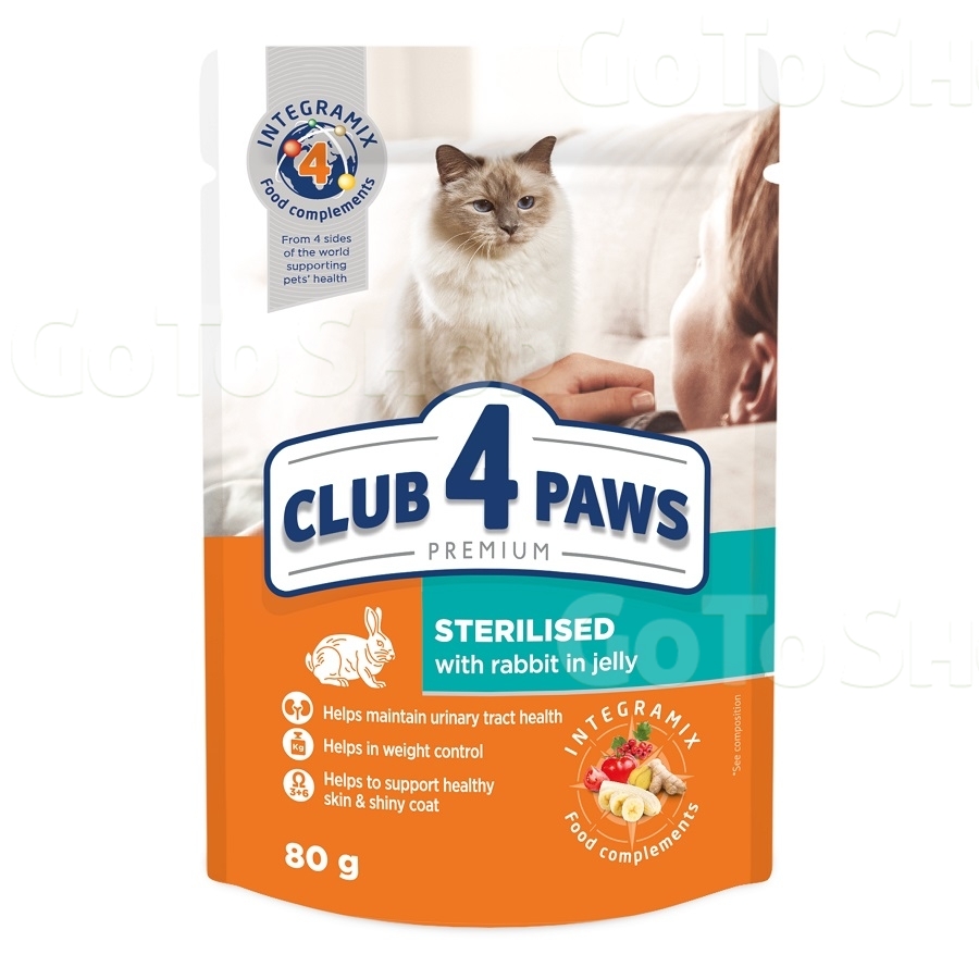 Корм 80 г CLUB 4 PAWS Преміум Повнорац-й консер-й корм для дор-х стерил-х котів з крол-м в желе м/уп 