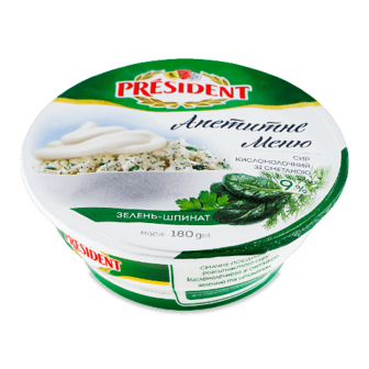 Сир кисломолочний President зелень-шпинат зі сметаною 9%, стакан, 180г