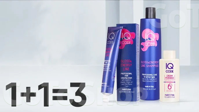 Купуй дві будь-які одиниці професійних засобів для фарбування та догляду за волоссям IQ code та отримай третю одиницю в подарунок!