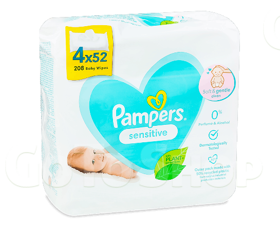 Дитячі вологі серветки Pampers Sensitive, 4*52шт