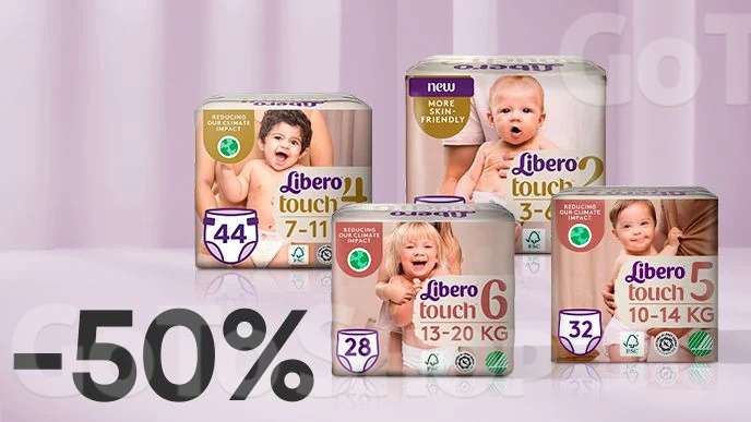 -50% на всі дитячі підгузки та підгузки-трусики Libero Touch
