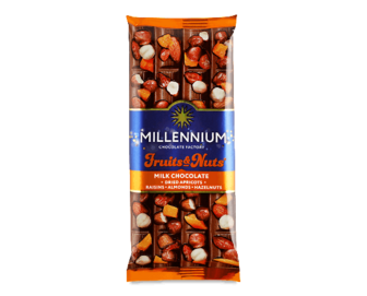 Шоколад молочний Millennium Fruits & Nuts мигдаль-лісовий горіх-курага-родзинки, 90г