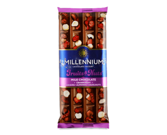 Шоколад молочний Millennium Fruits & Nuts мигдаль-лісовий горіх-журавлина-родзинки, 90г