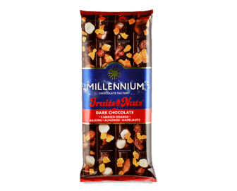 Шоколад чорний Millennium Fruits & Nuts мигдаль-лісовий горіх-цукати-родзинки, 90г