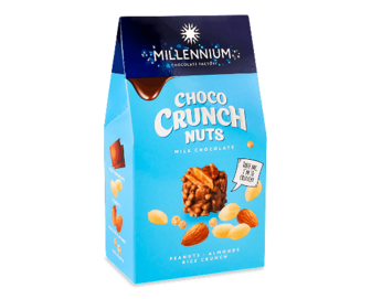 Цукерки Millennium Choco Crunch арахіс-мигдаль-рисові кульки, 100г