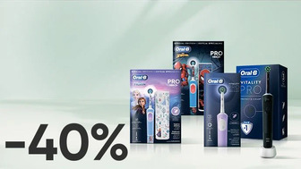 - 40% на електричні зубні щітки Vitality Pro, дитячі електричні щітки з футляром Spider-Man або Kids Frozen від Oral-B