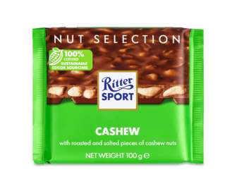 Шоколад молочний Ritter Sport з цільними горіхами кеш'ю, 100г