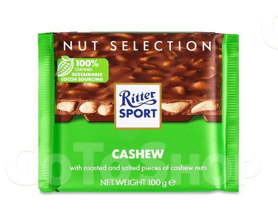 Шоколад молочний Ritter Sport з цільними горіхами кеш&#039;ю, 100г