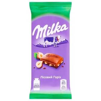 Шоколад молочний Milka з подрібненими лісовим горіхом 90г