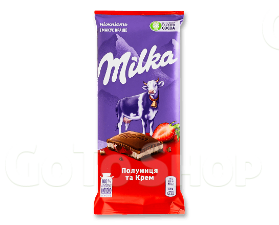 Шоколад Milka з начинкою крем-полуниця 90г