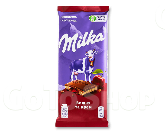 Шоколад молочний Milka вишня та крем 90г