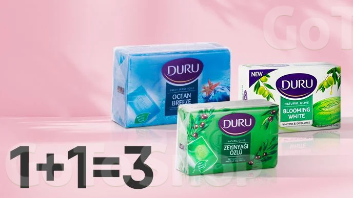 Купуй дві одиниці твердого мила DURU 90/150 г у у будь-якій комбінації та отримай третю одиницю в подарунок*!