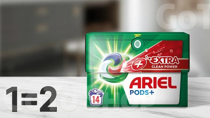 Купуй капсули для прання Ariel Pods+ Extra 14 циклів прання, 14 шт та отримуй другу одиницю у подарунок*!