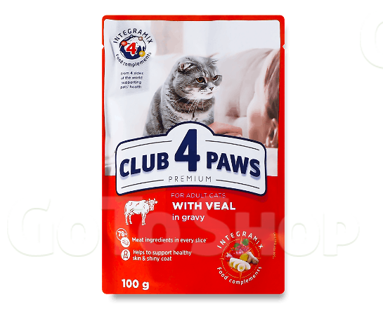 Корм для котів Club 4 Paws з телятиною в соусі, 100г