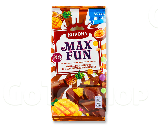 Шоколад молочний «Корона» Max Fun манго-ананас-маракуя, 150г