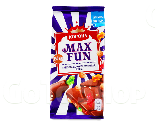 Шоколад молочний Корона Max Fun карамель-мармелад-печиво, 150г