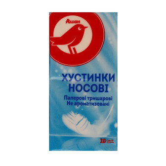 Хустки носові тришарові Auchan, 10 шт.