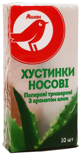 Хустинки носові  тришарові Auchan з ароматом алое, 10шт.