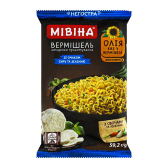 Вермішель швидкого приготування зі смаком сиру та зеленню негостра Мівіна м/у 59.2г