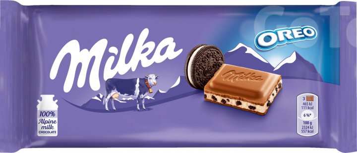 Шоколад молочний Milka Oreo із молочною начинкою зі смаком ванілі та шматочками печива 100 г