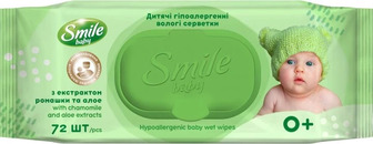 Серветки вологі дитячі Smile Baby з екстрактом ромашки, алое і вітамінним комплексом, з клапаном, 72 шт.