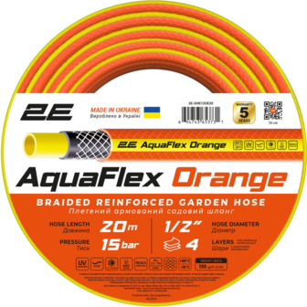 Шланг садовий 2Е AquaFlex Orange 1/2", 20м, 4 шари, 20 бар