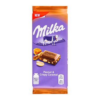 Шоколад молочний Milka Peanut&Crispy Caramel з рисовими кульками та пластівцями, 90 г