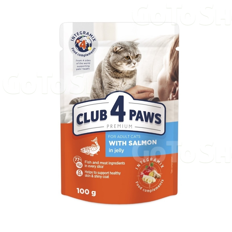 Корм 100 г CLUB 4 PAWS Преміум  з лососем у желе повнорац. консервований для дорослих котів 