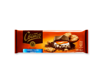 Шоколад молочний «Світоч» зі шматочками печива та кремово-карамельною начинкою, 235г