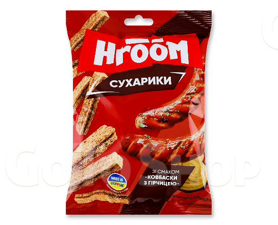 Сухарики Hroom! житні зі смаком ковбаски з гірчицею, 60г