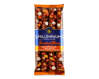 Шоколад молочний Millennium Fruits & Nuts мигдаль-лісовий горіх-курага-родзинки 90г