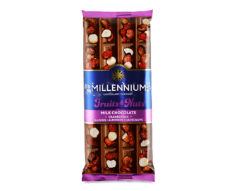 Шоколад молочний Millennium Fruits & Nuts мигдаль-лісовий горіх-журавлина-родзинки 90г