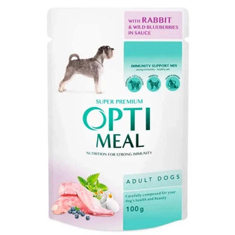 Консервований корм з кроликом та чорницями в соусі для собак OptiMeal Rabbit&Wild Blueberries in Sauce 100 г