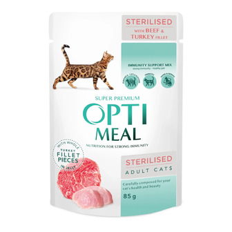Корм вологий Optimeal Super Premium для стерилізованих котів з яловичиною та індичим філе у желе, 85 г