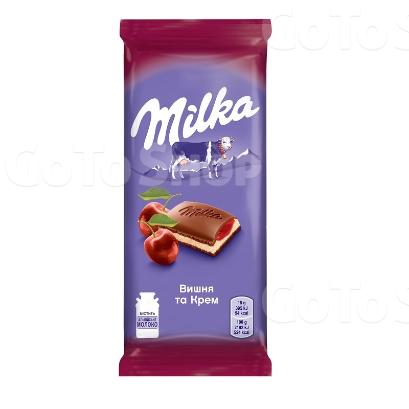 Шоколад 90 г Milka молочний з молочною та вишневою начинкою 