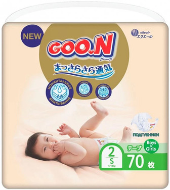 Підгузки Goo.N Premium Soft на липучках розмір 2 S 4-8 кг унісекс, 70 шт.