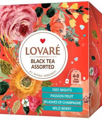 Чай чорний пакетований Lovare Асорті, 4 види по 8 шт.