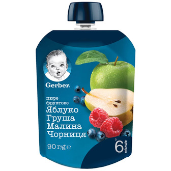 Пюре фруктове Gerber Яблуко, груша, малина, чорниця, 90 г