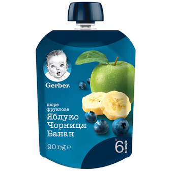 Пюре фруктове Gerber Яблуко, чорниця, банан, 90 г