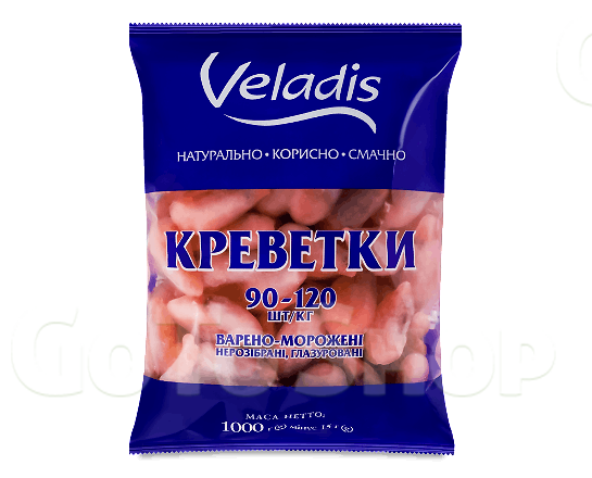 Креветки Veladis варено-морожені глазуровані 90-120