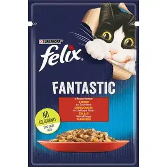 Вологий корм Felix Fantastic для дорослих котів шматочки в желе з яловичиною 85 г-Felix