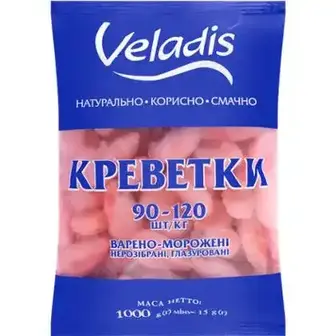 Креветки Veladis нерозібрані глазуровані 90/120 варено-морожені 1000 г-Veladis