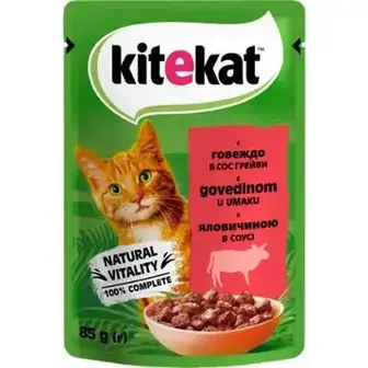 Корм вологий Kitekat з яловичиною в соусі для дорослих котів 85г-Kitekat