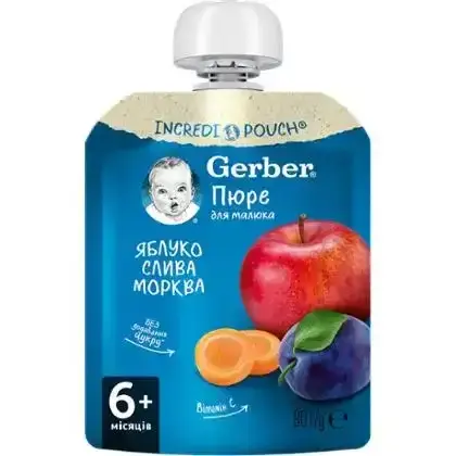 Пюре фруктово-овочеве Gerber Яблуко, Слива, Морква для дітей із 6 місяців, 90 г-Gerber