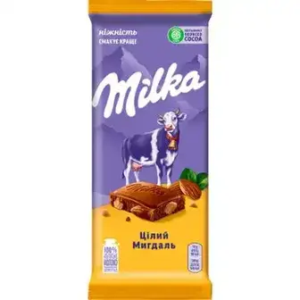 Шоколад Milka молочний з цільним мигдалем 90г-Milka