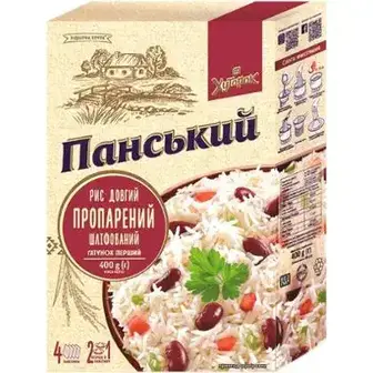 Рис Хуторок Панський довгий пропарений шліфований 4 пакети для варки по 100 г-Хуторок