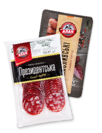 Ковбаса Алан Президентська с/в нарізка 80 г, Мисливські н/к в/г баранячі черева вагові